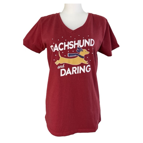 Life Is Good Tops - Life is Good "Dachshund and Dashing" Graphic Dog Short Sleeve Tee Red Size M